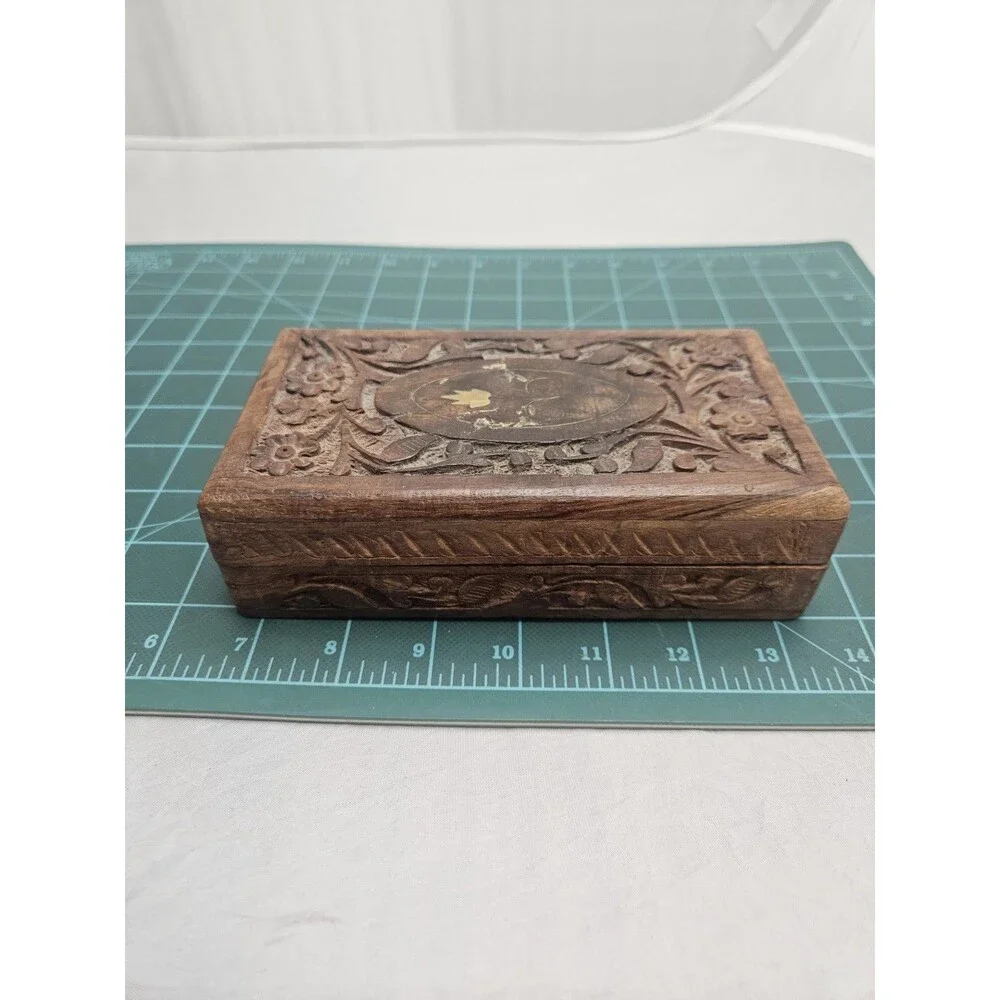 Vintage Carved Wooden Box Velvet Lined